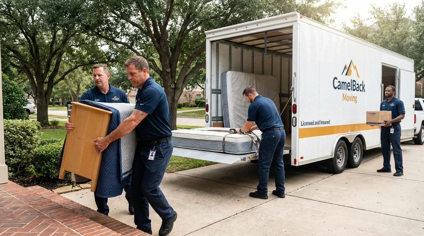Crew loading residential truck for cross-state move from Hale Center, TX
