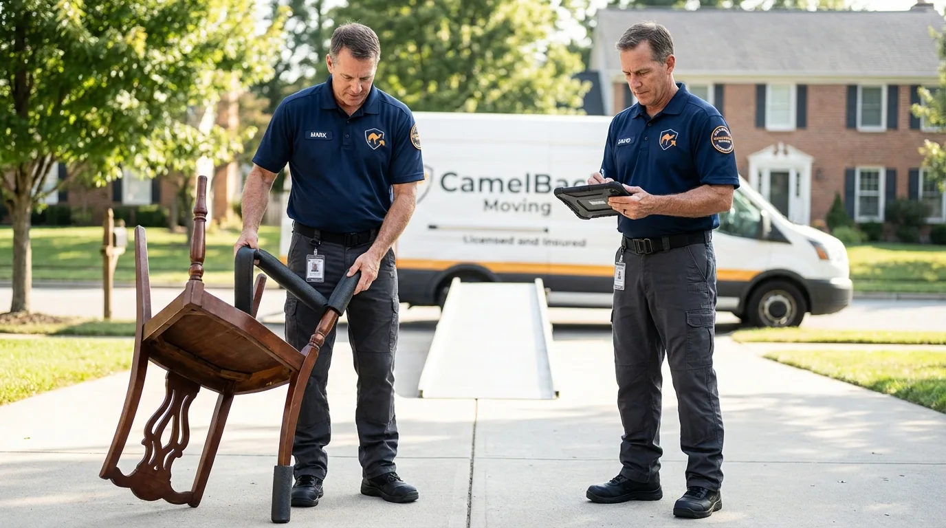 Movers inspecting furniture for damage prevention before loading in Hale Center, TX