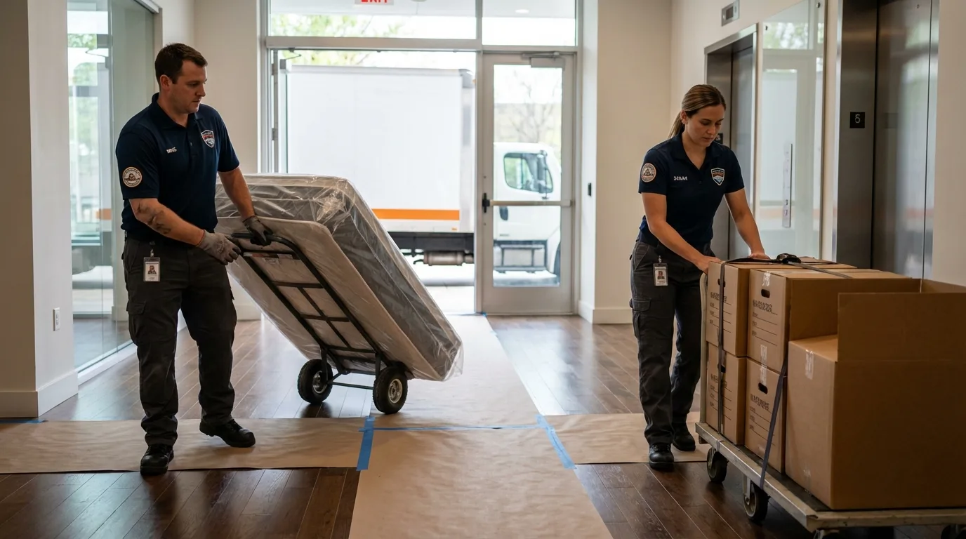 Professional apartment movers loading elevator in Hale Center, TX